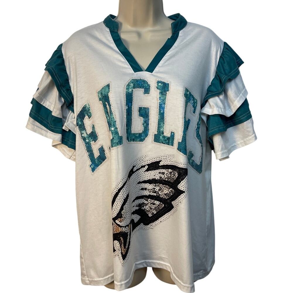 Philadelphia Eagles Sequin Ruffle Sleeve Game Day Top White Green Large